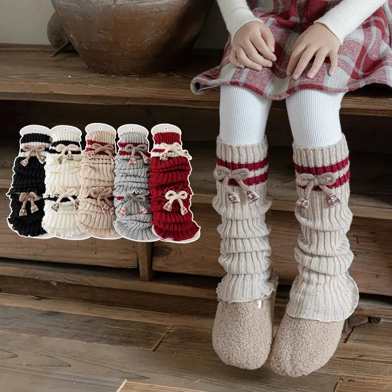 秋冬季儿童袜套女童韩系蝴蝶结小腿堆堆袜可爱风针织保暖中筒袜套