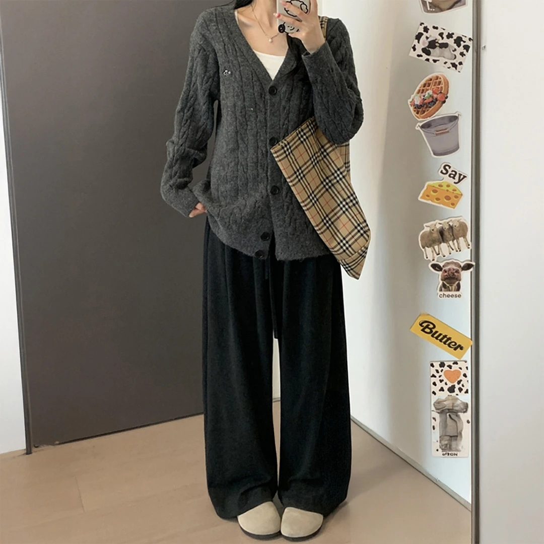 秋冬加绒黑色直筒糯米裤女新款大码胖mm小个子高腰垂感阔腿休闲裤