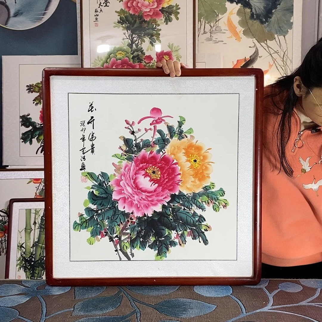 国画手写手绘国画作品带框包邮62✖️62