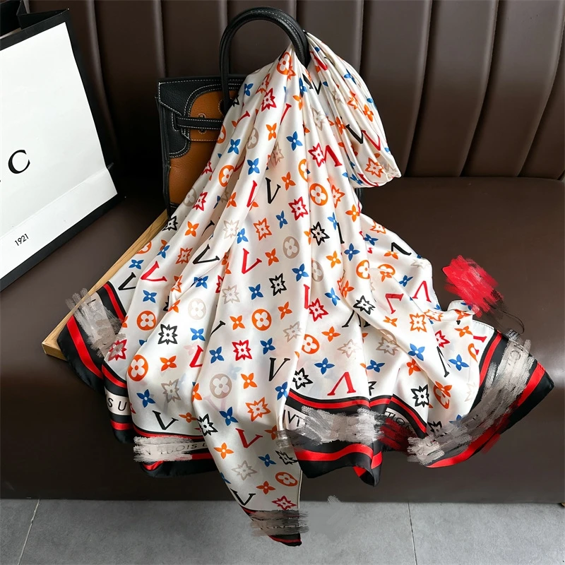 夏季字母优雅遮阳法式时尚丽锦缎180*90长丝巾百搭洋气薄款沙滩巾
