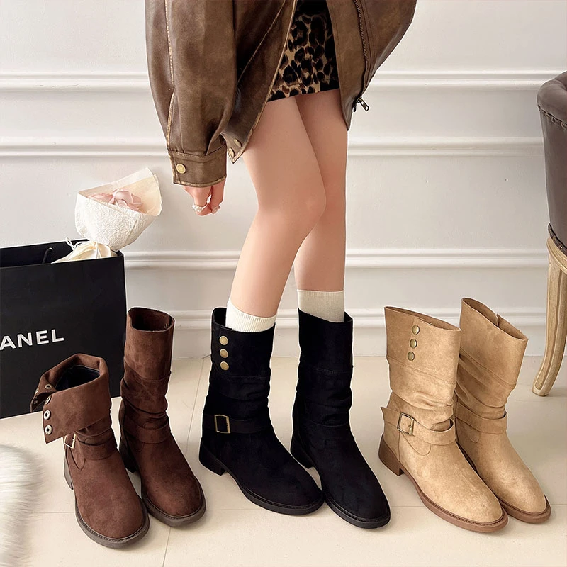 两穿堆堆靴～复古通勤休闲百搭美拉德裤管短靴2025秋磨砂中筒靴女