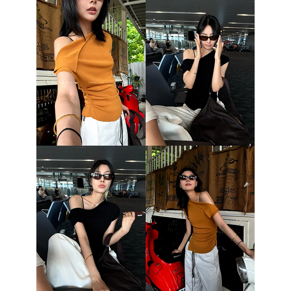 JCCC影子【素序】两色斜肩不规则下摆开叉冰丝短袖T恤JE5BBT21