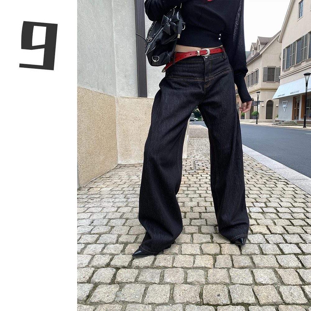 美式抽褶设计感阔腿牛仔裤女 2025秋季一字口袋长裤