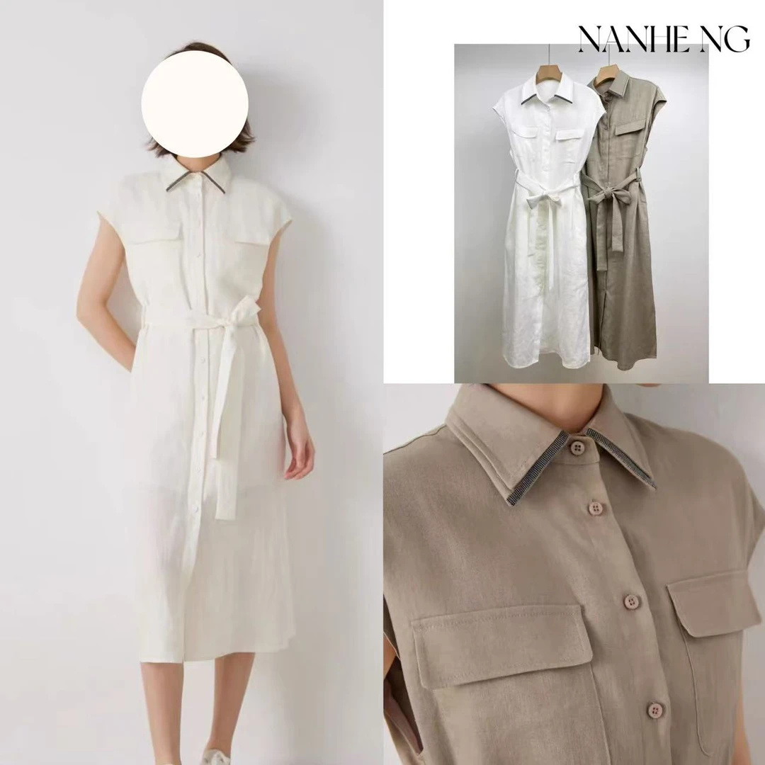 5509B翻领钉珠亚麻连衣裙女夏宽松系带无袖衬衫裙中长款