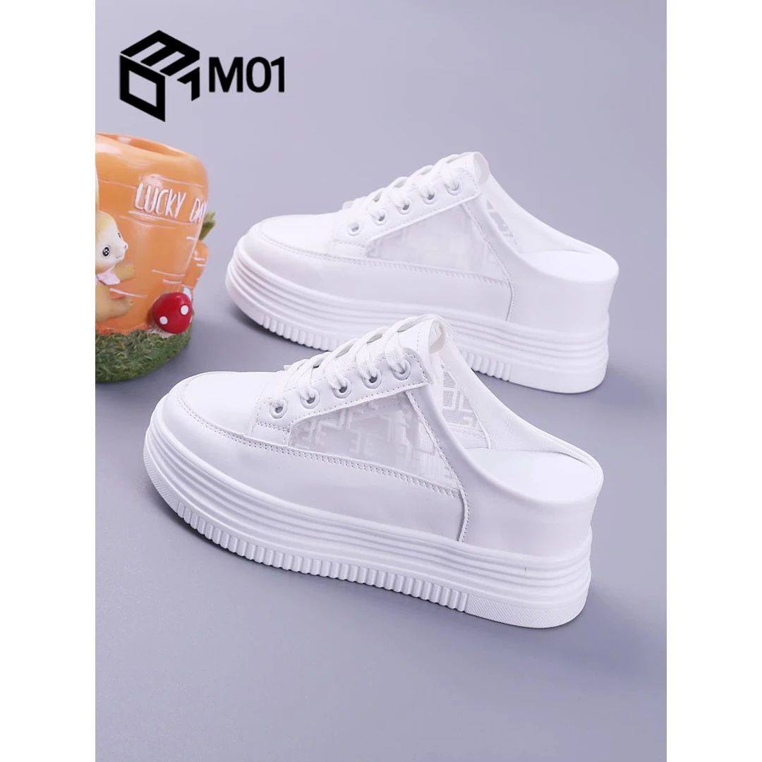 M01松糕厚底女鞋2025春夏镂空透气半拖女网鞋轻便内增高小白鞋女