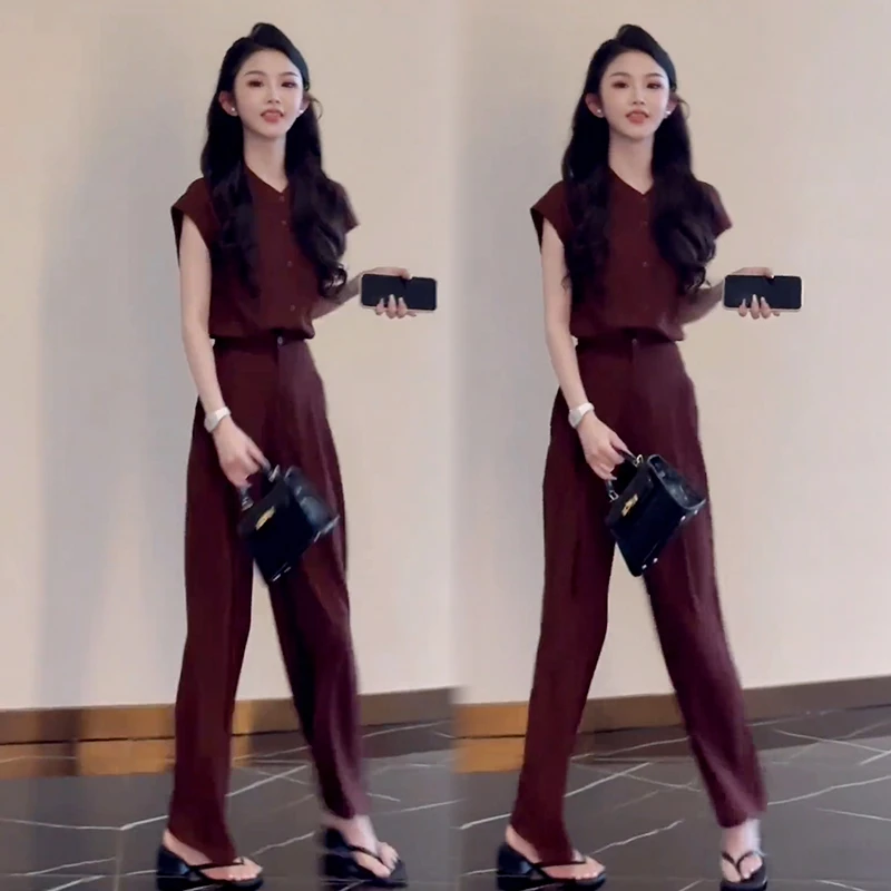 时尚套装女2025夏季新款时髦洋气设计感短袖上衣阔腿裤气质两件套
