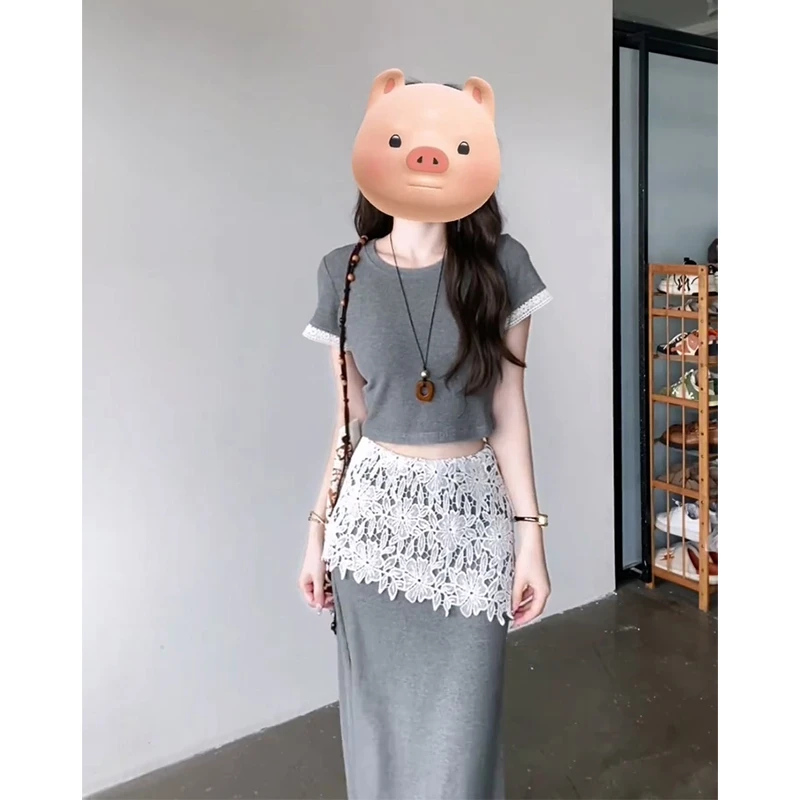 2025夏季新款女韩系穿搭短款圆领T恤上衣气质高腰显瘦蕾丝半身裙
