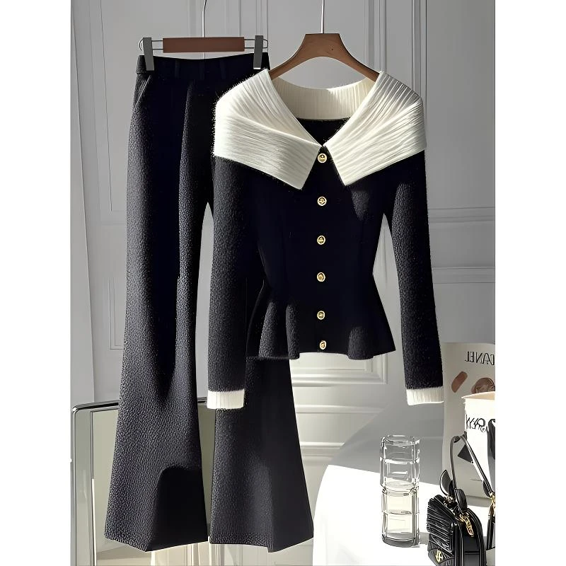 韩系减龄一整套入冬穿搭独特漂亮气质名媛黑色针织衫喇叭裤套装女