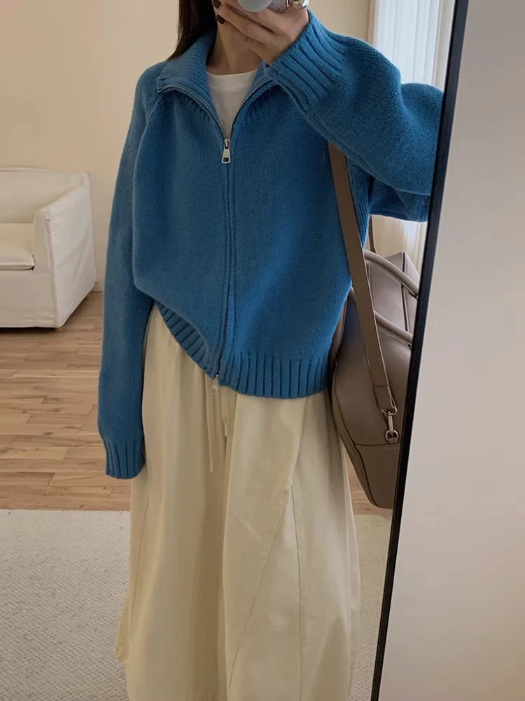 1清仓 韩系长袖韩版蓝色女针织衫毛衣开衫毛针织衫宽松立领翻领