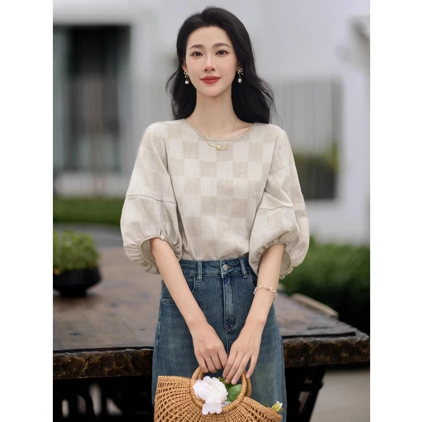 舒适透气棉麻 棋盘格花型圆领衬衫 灯笼袖宽松显瘦上衣女夏季新款