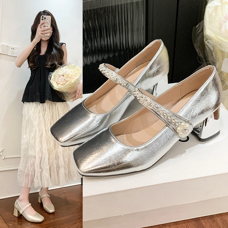 明星同款百搭鞋子粗跟方头水钻仙女风单鞋复古玛丽珍鞋白色高跟鞋