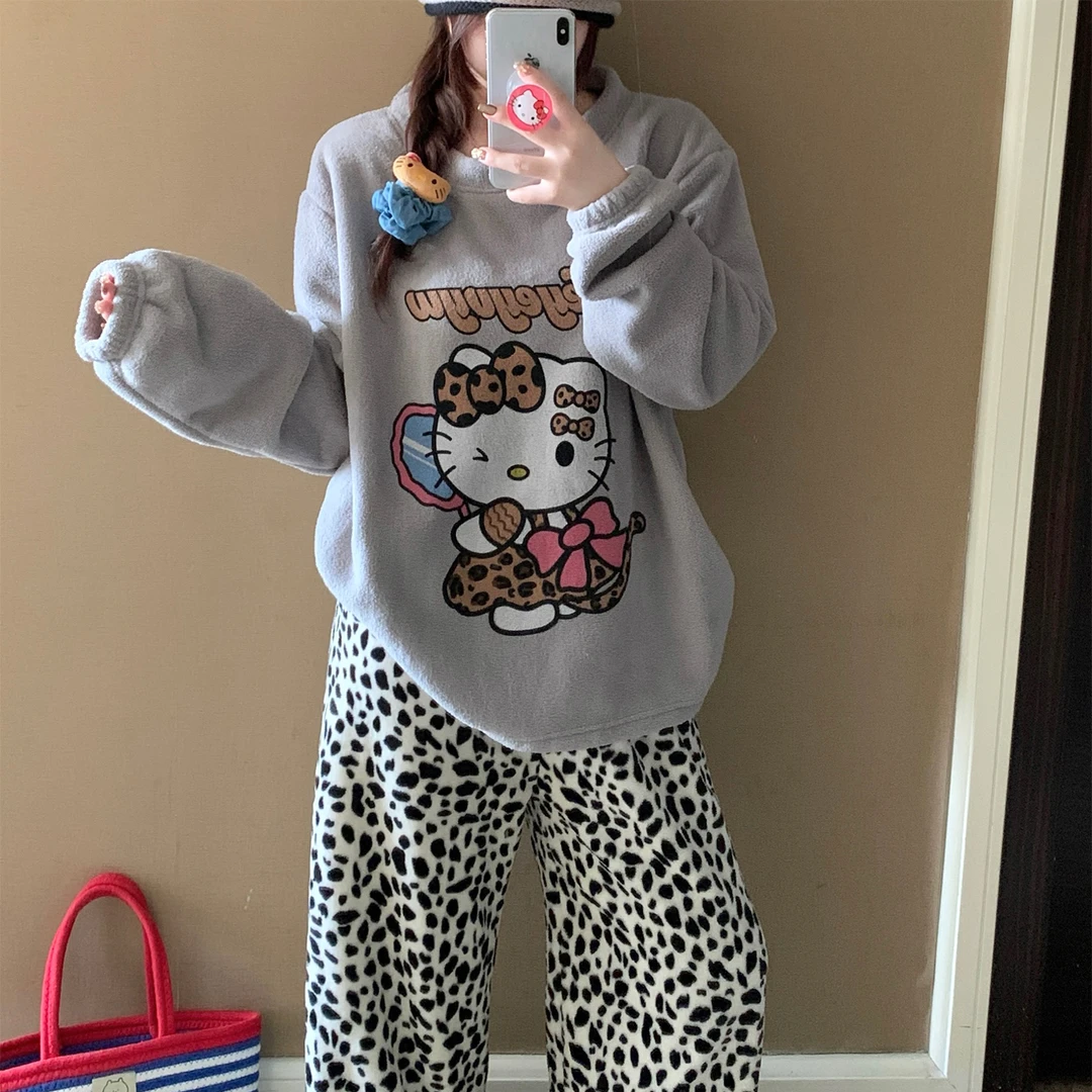 睡衣女秋冬季25新款加厚米粒绒大码保暖豹纹kt猫家居服珊瑚绒套装