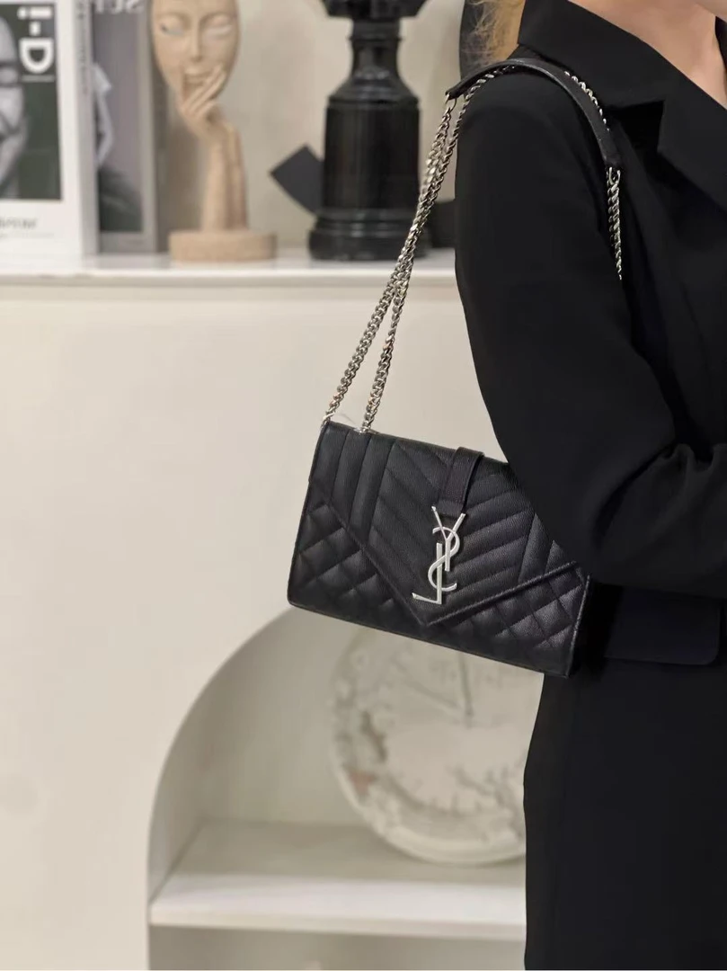 95新 YSL/圣罗兰 新款信封小号黑银/优品