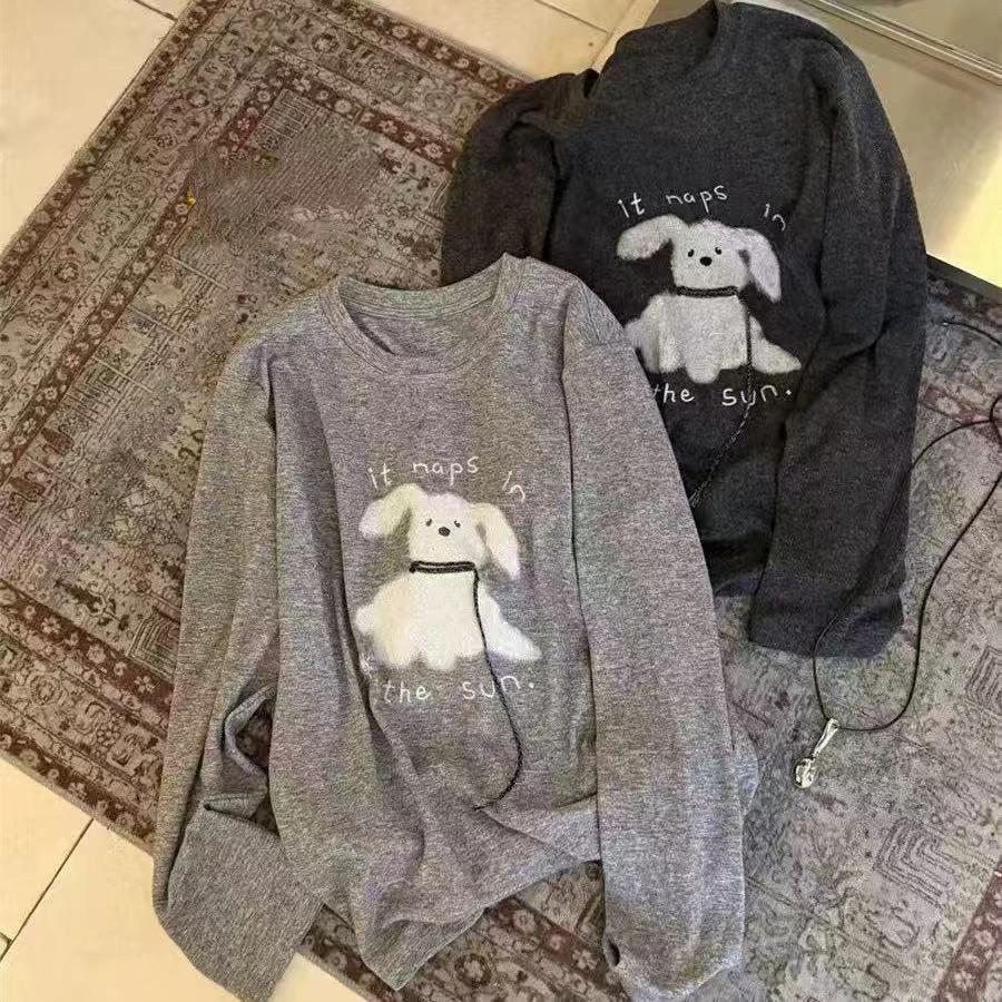 FUJIA STYLE新款韩版简约撞色卡通小狗长袖T恤T1510