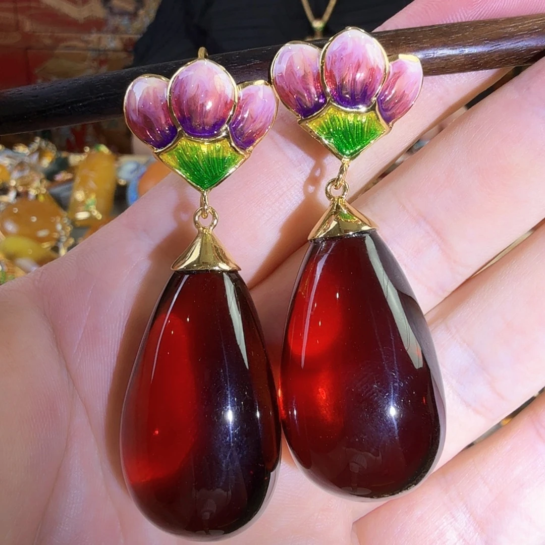 血珀银S925镀金镶嵌耳环