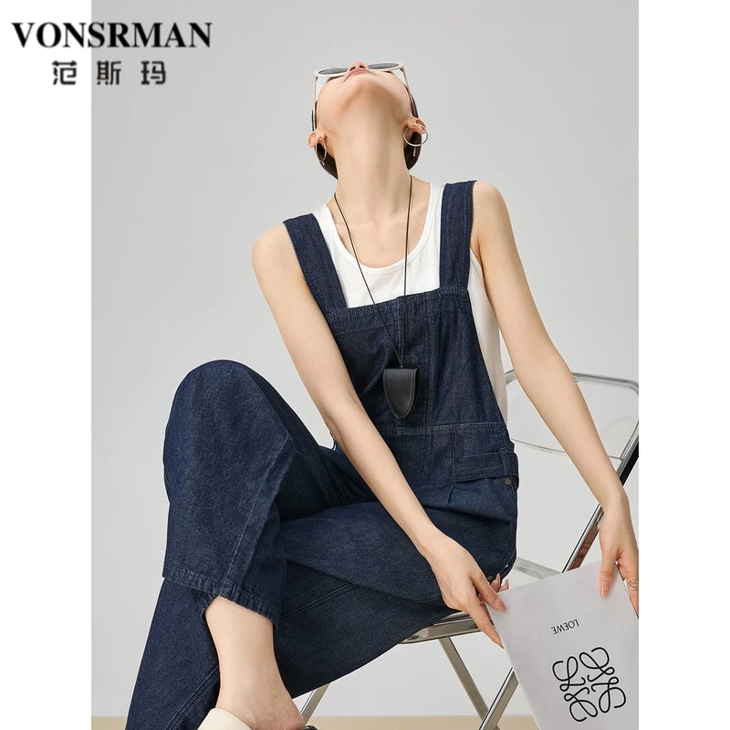 深蓝色夏季复古直筒牛仔背带裤阔腿宽松女士2025新款时尚牛仔裤