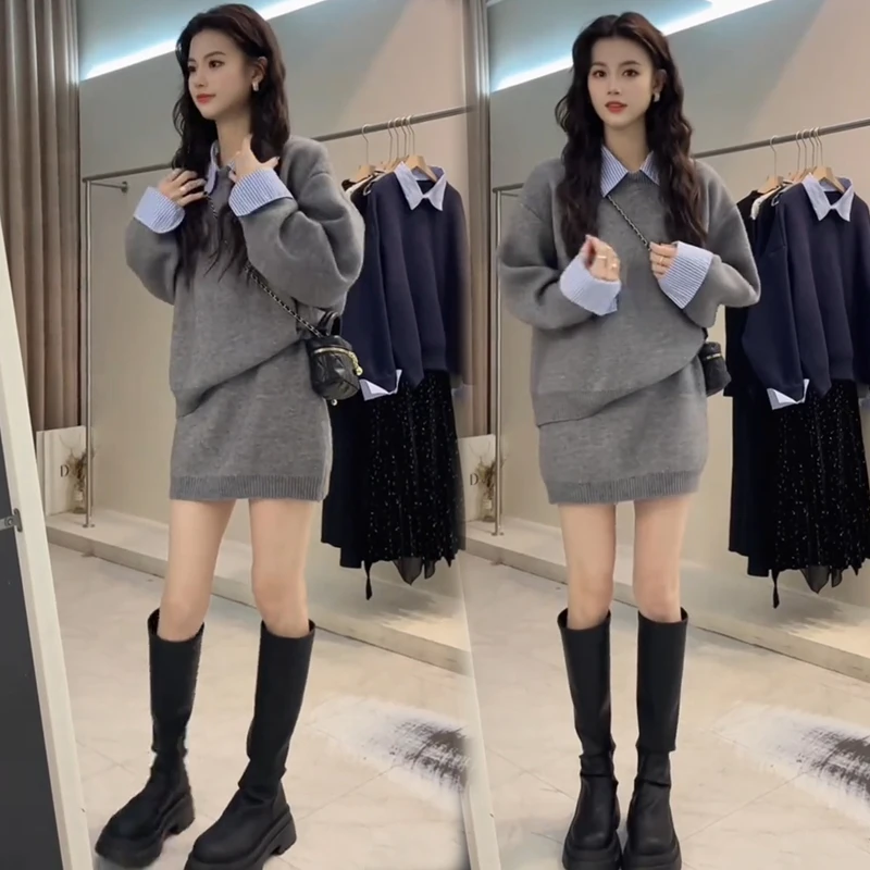 拉夏贝尔时尚针织套装裙女2025秋季新款慵懒翻领毛衣半身裙两件套