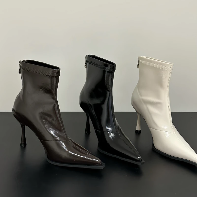 2025秋冬新款欧美范尖头细跟加绒短靴女流光风棕色高跟显瘦中筒靴