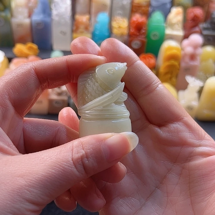 昌化石印石手工定制，椭圆形，鱼，包刻字