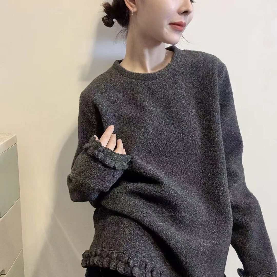 HMY 31187 欧货圆领长袖卫衣宽松显瘦花边拼接德绒打底衫保暖上衣