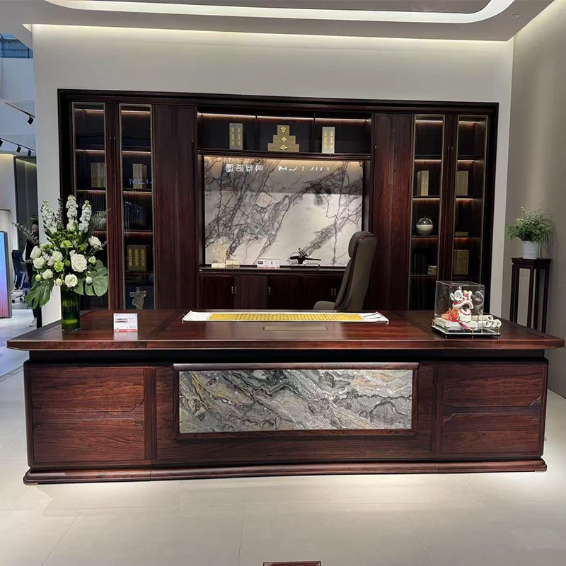 乌金木全实木书桌新中式大班台老板桌总裁办公室家具