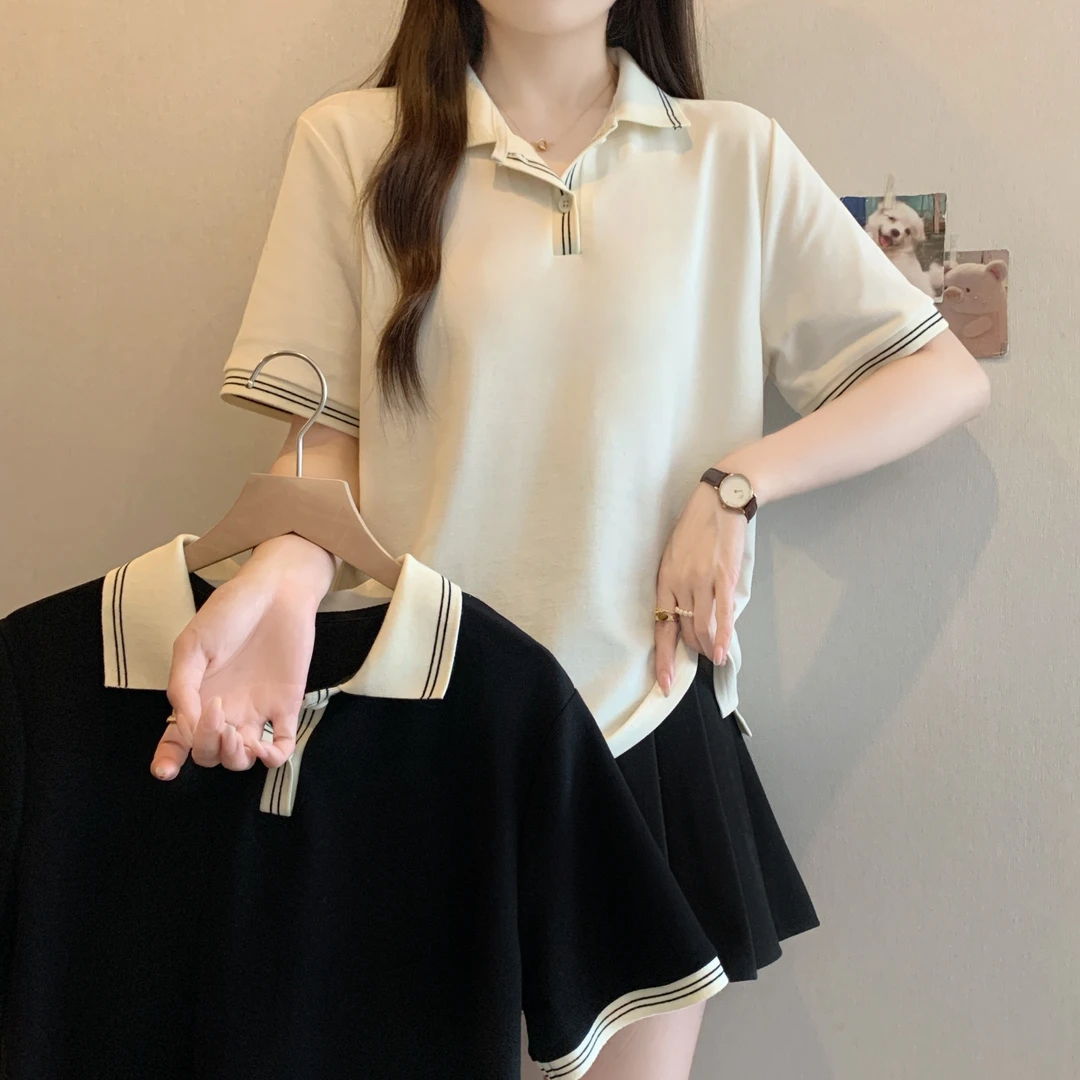 休闲风POLO领条纹撞色短袖T恤女夏季新款宽松显瘦遮肚子正肩上衣