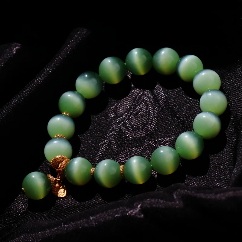 【泓贝珠宝-N139】18k金配饰和田玉碧玉冰闪猫眼手串NGTC国检证书