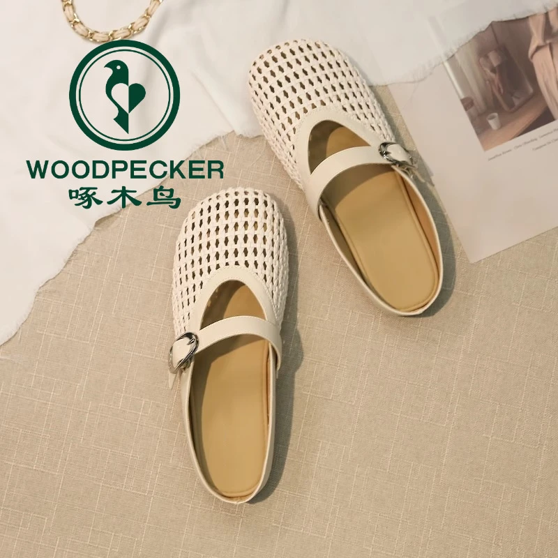 啄木鸟韩系半拖鞋女夏外穿2025镂空洞洞鞋显脚小罗马配裙子包头拖