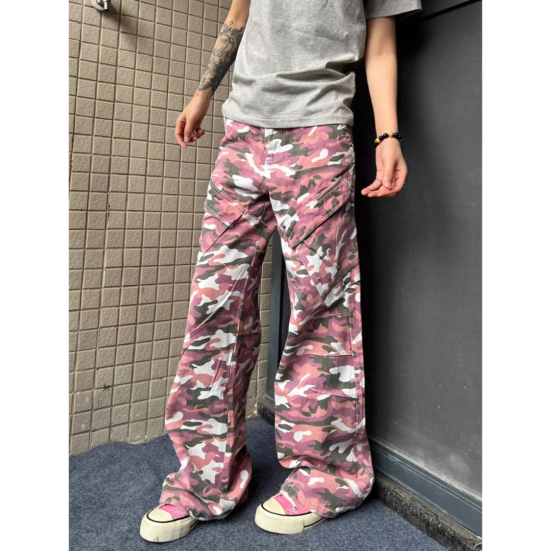 美式hiphop街头做旧迷彩粉小众vibe大口袋直筒微喇工装裤牛仔长裤