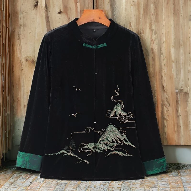 春季新款短外套上衣立领山水刺绣金丝绒修身遮肉中国风长袖外套