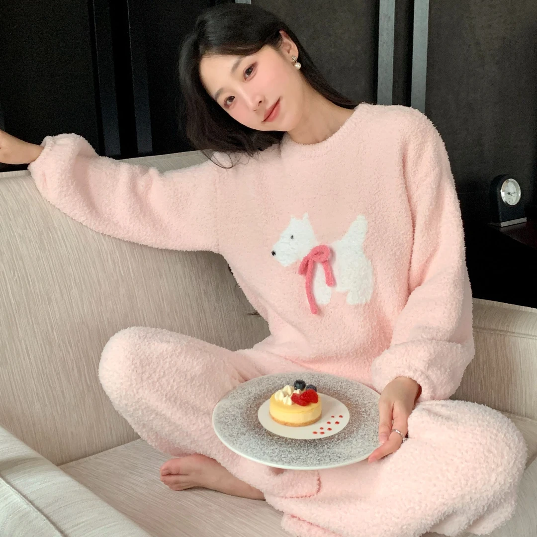 【软糯粉小狗】半边绒长袖长裤套装轻奢家居服长袖加绒秋冬可爱