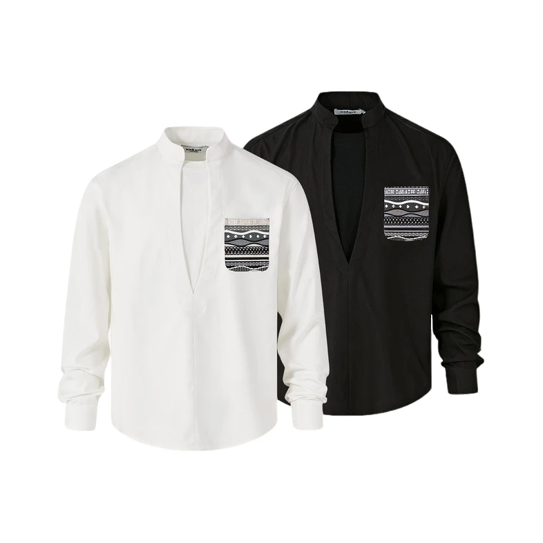 KREATE「高智叠穿」立领假两件老钱费尔岛亨利领长袖衬衫休闲打底