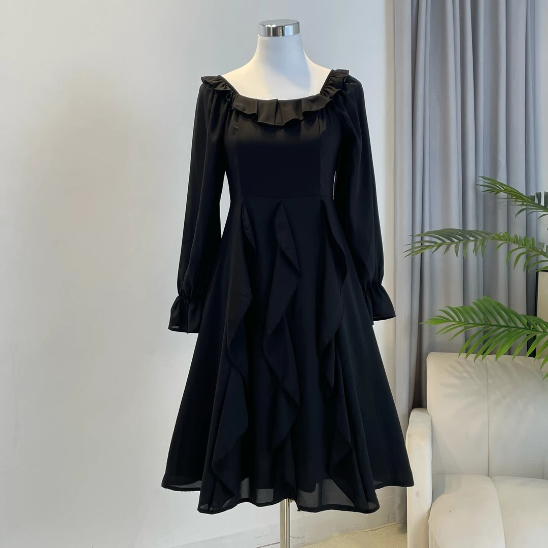 2789春夏小众高级感显瘦荷叶边薄款长袖女装连衣裙7509