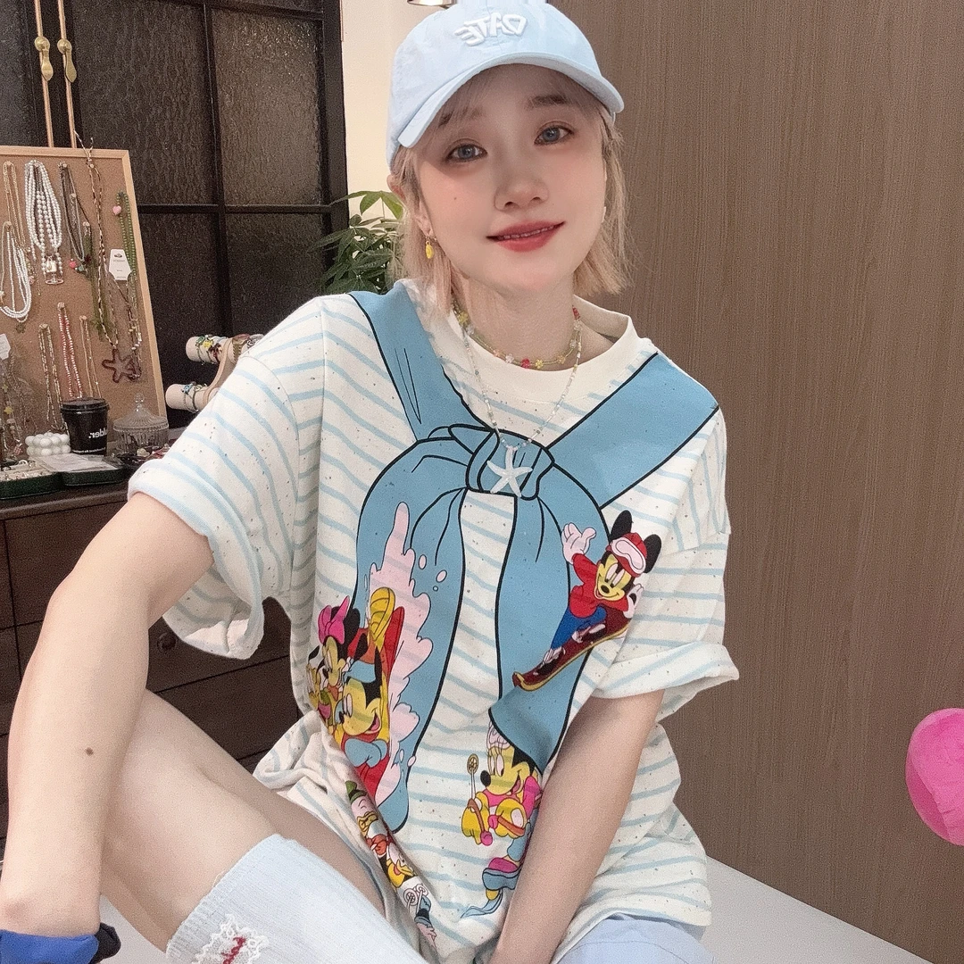 Apr.【水手米奇】条纹百搭可爱夏季数码印减龄时尚T恤女夏SC250428