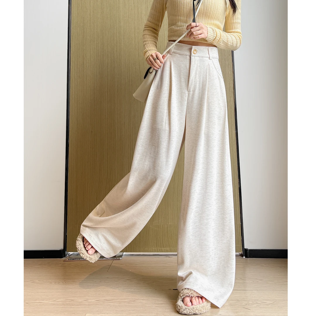 韩版米白糯米西装裤女秋2025直筒修型遮肉显性宽松显瘦阔腿休闲裤