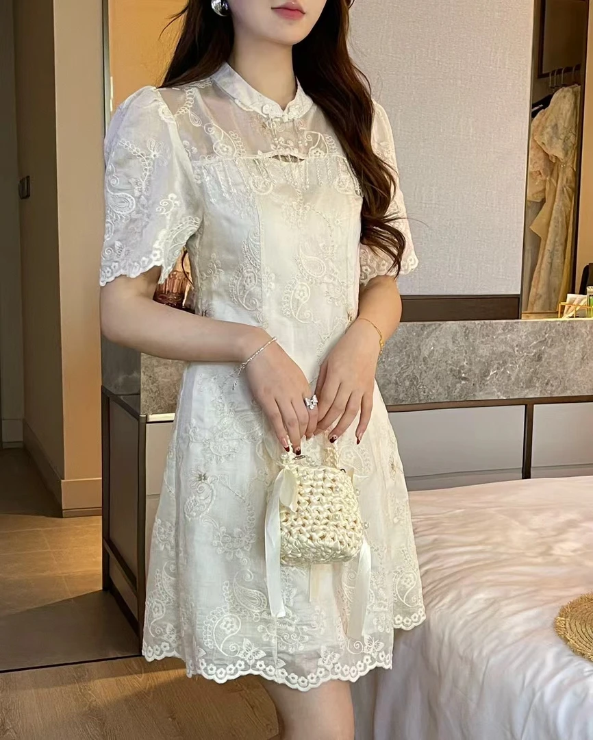 【YA JUN JIA】夏季新中式绣蕾丝挂珠短款修身显瘦连衣裙小个子