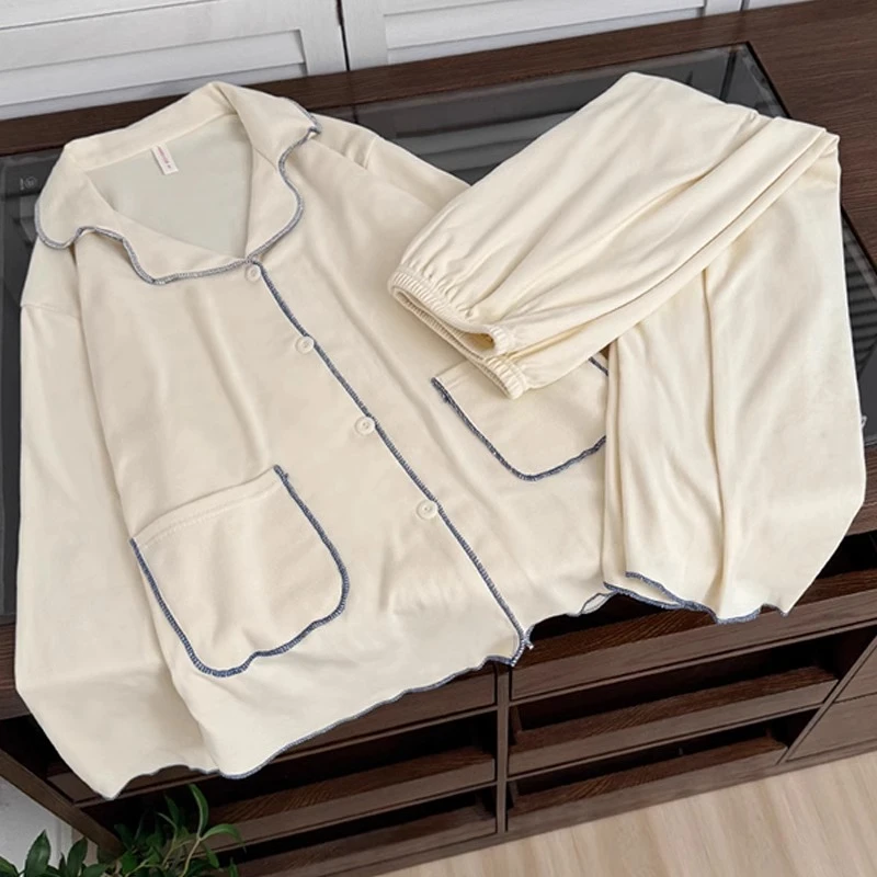 德绒睡衣女秋冬季2024新款珊瑚绒纯色蓝边长袖春秋款海岛绒家居服