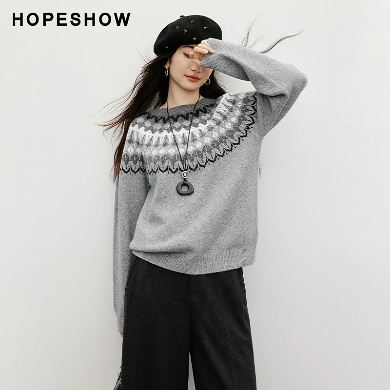 红袖2025冬款 复古风费尔岛撞色提花插肩圆领针织衫90125370120