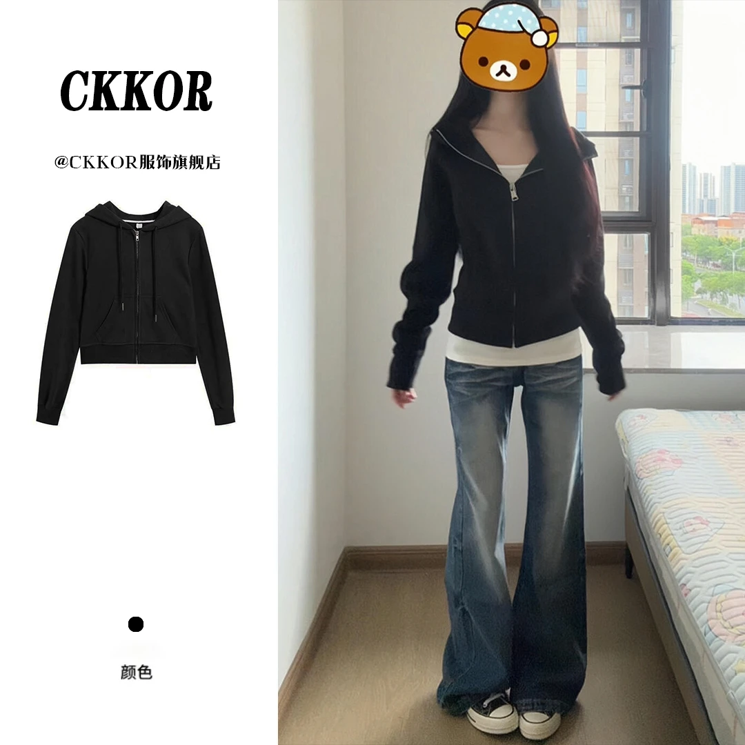 CKKOR春秋新款韩版时尚短款拉链连帽卫衣外套女设计感雅丹风上衣