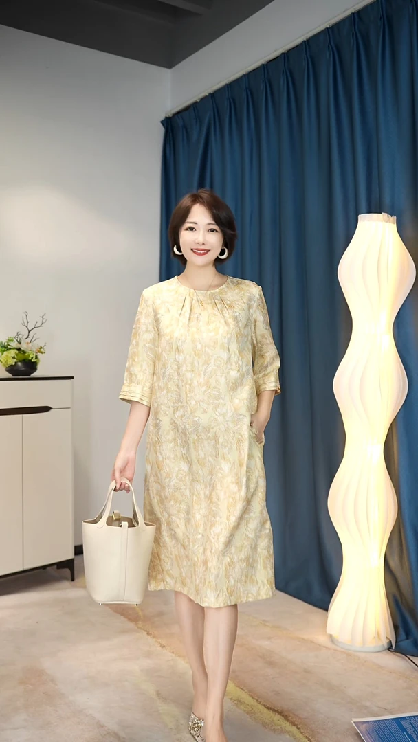 【依思卡丽】8057国风提花桑蚕丝气质轻奢风连衣裙复古短袖H型裙