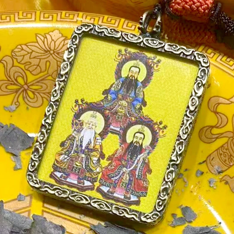 单面【古铜色】正宗D系半手绘描金合金唐卡吊坠三清关羽送手机贴