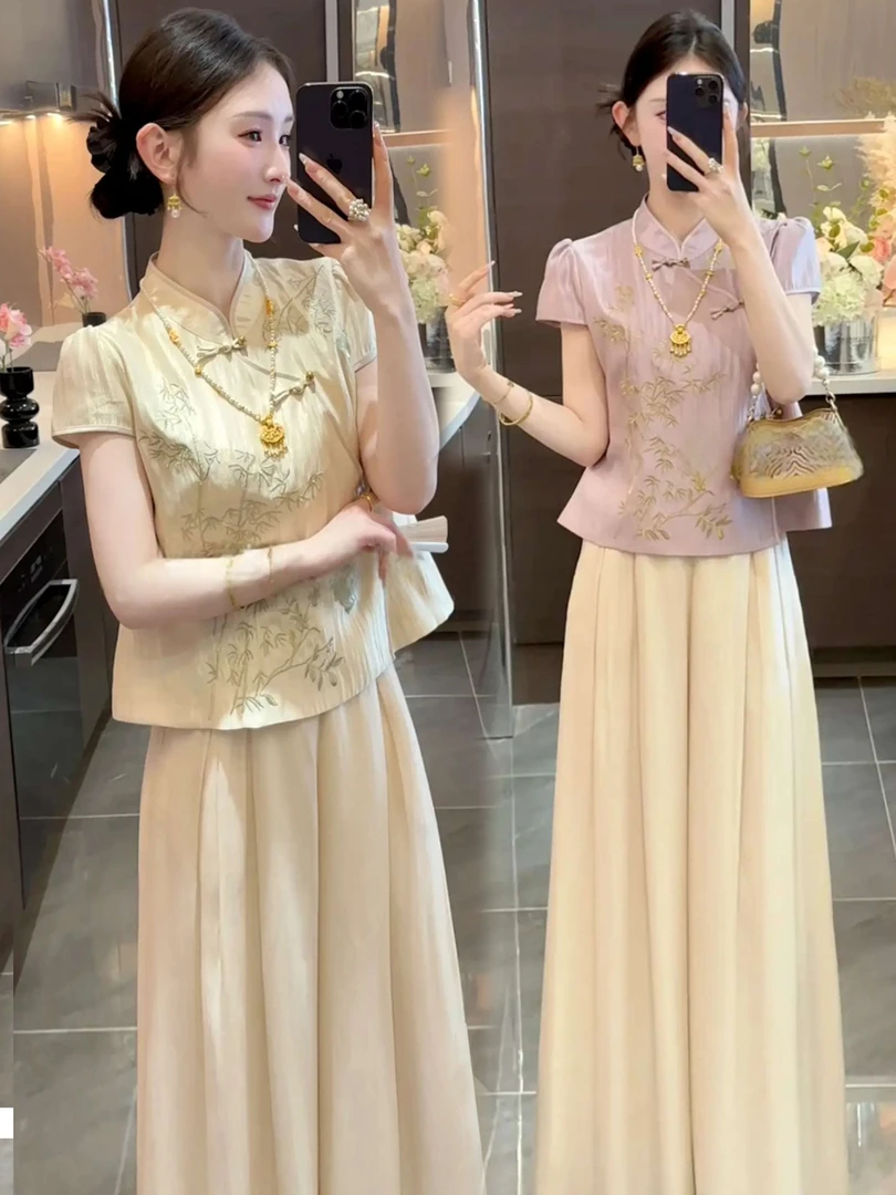 女装洋气时髦气质2025新中式国风竹叶新中式刺绣上衣阔腿裤套装