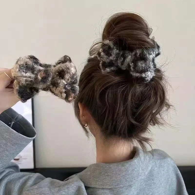 豹纹卷毛边丸子头！秋冬复古卷毛丸子头抓夹大号蝴蝶结高级感发夹