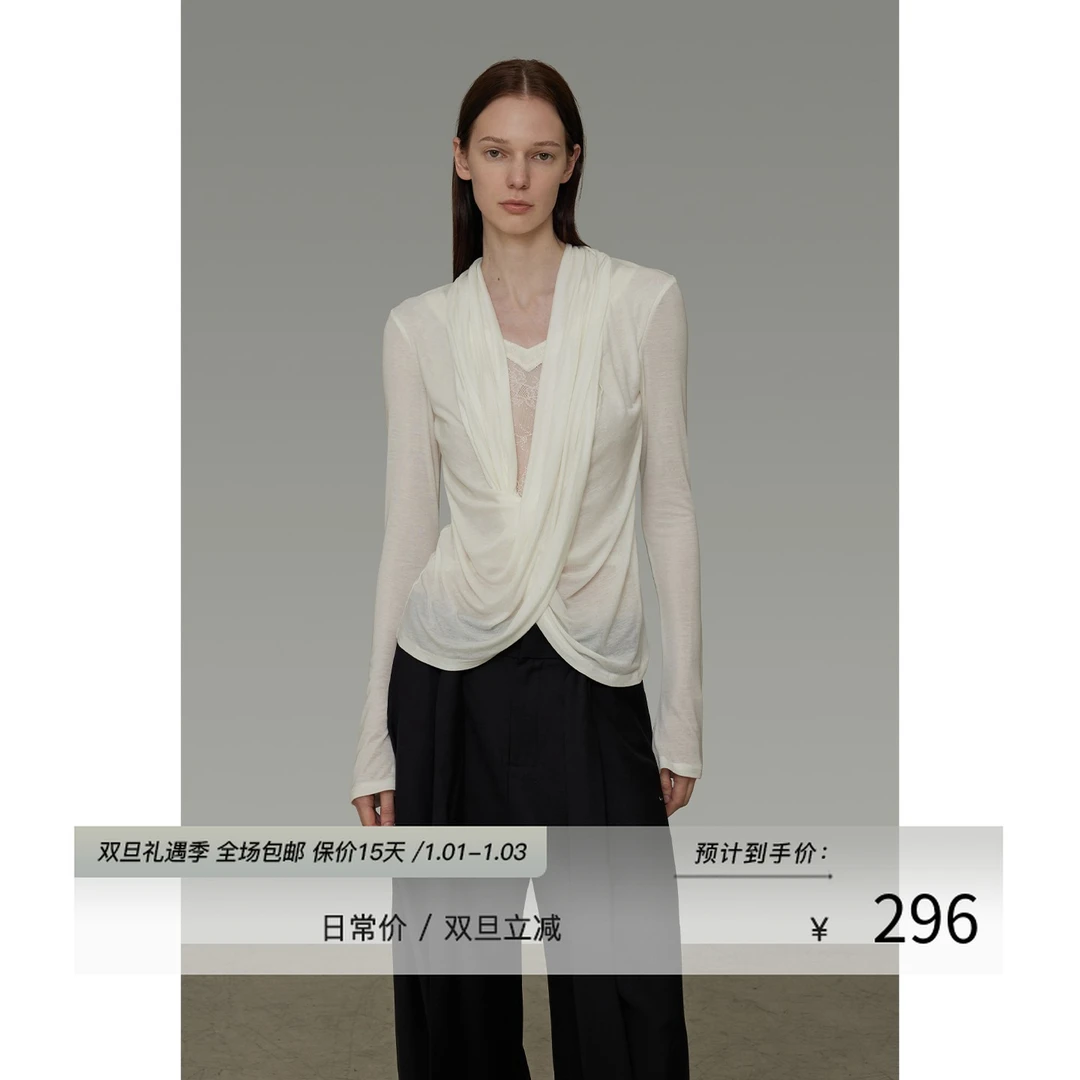 UNSPOKEN【领口蕾丝拼接 温柔气质优雅】交叉领口针织衫UQ25S084