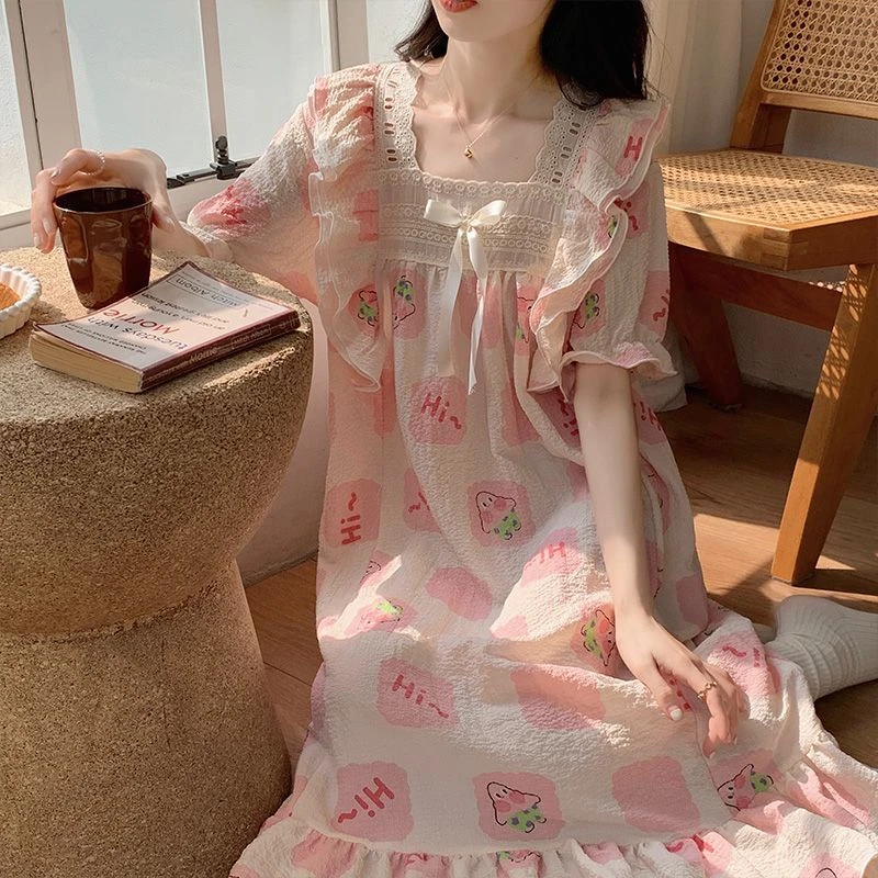 睡衣女款爆款睡裙2025夏季新款高级感短袖花边甜美宽松裙子家居服
