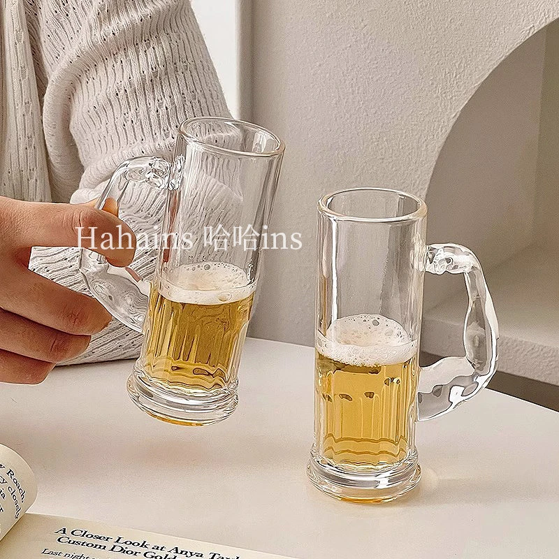 简约带手把啤酒杯迷你喝水杯玻璃杯高级感微醺果汁杯牛奶杯小酒杯