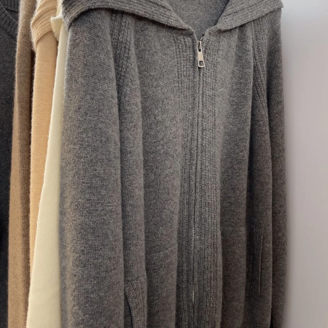 双拉链 连帽 羊绒 开衫