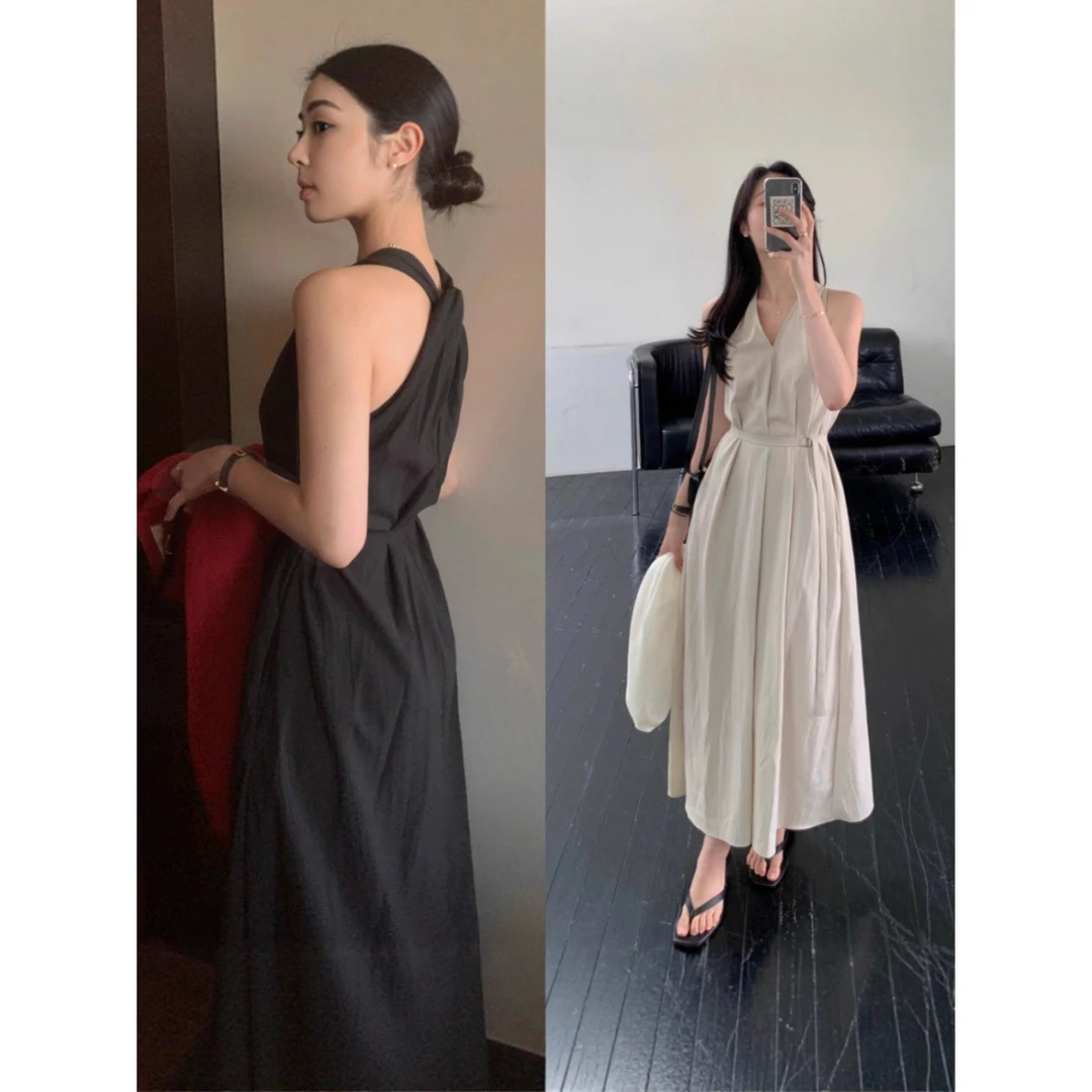 韩国chic法式气质性感V领后交叉扭结设计无袖背心长款连衣裙