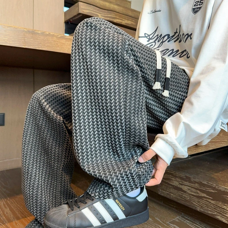 潮牌雪尼尔直筒休闲裤男秋季设计感条纹长裤高街百搭宽松阔腿裤子