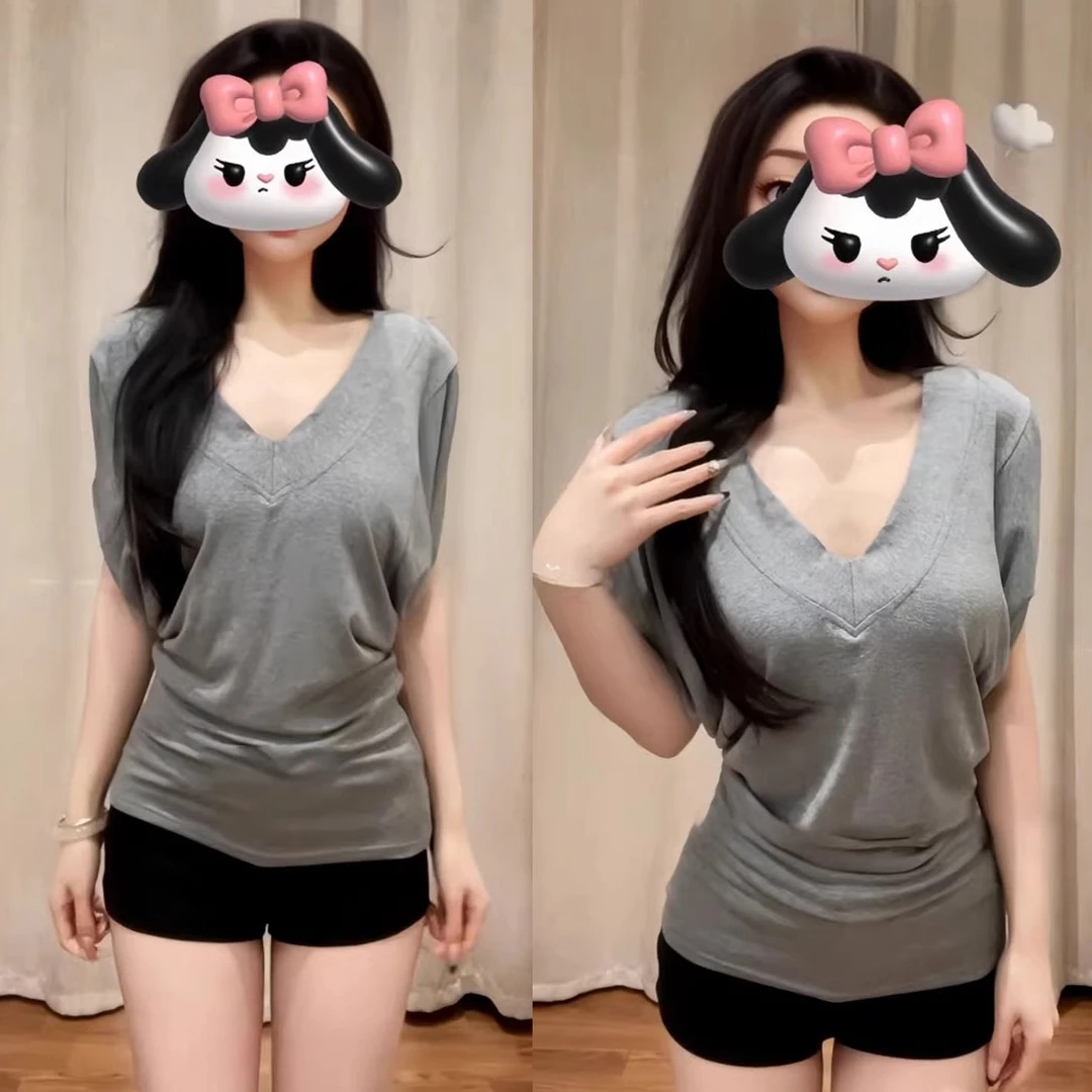 慵懒辣妹气质v领修身上衣女夏季新款ins显瘦蝙蝠袖纯欲慵懒风女装